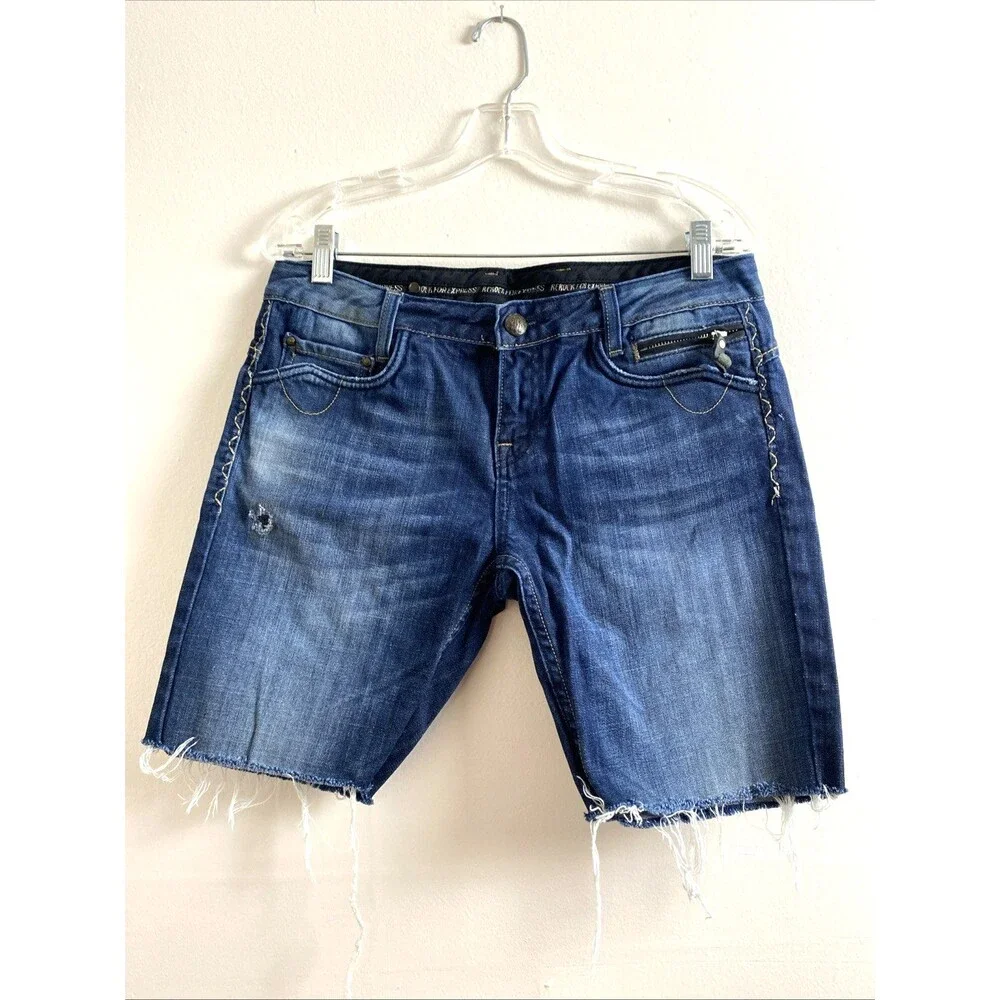 Be Rock For Express Blue Denim Short 10 Distressed Cut Off Jeans Low Rise Fringe